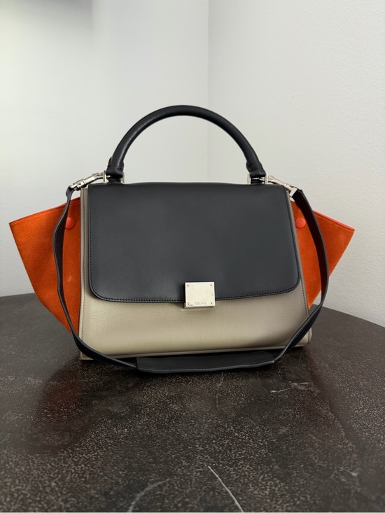 Celine Handbags - Celine Leather Top-Handle Trapeze Bag in Black, Taupe & Orange - Pre-Loved